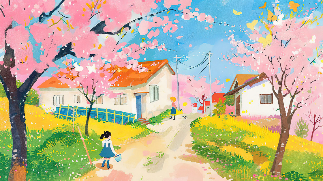 春分樱花盛开的山野乡村插画