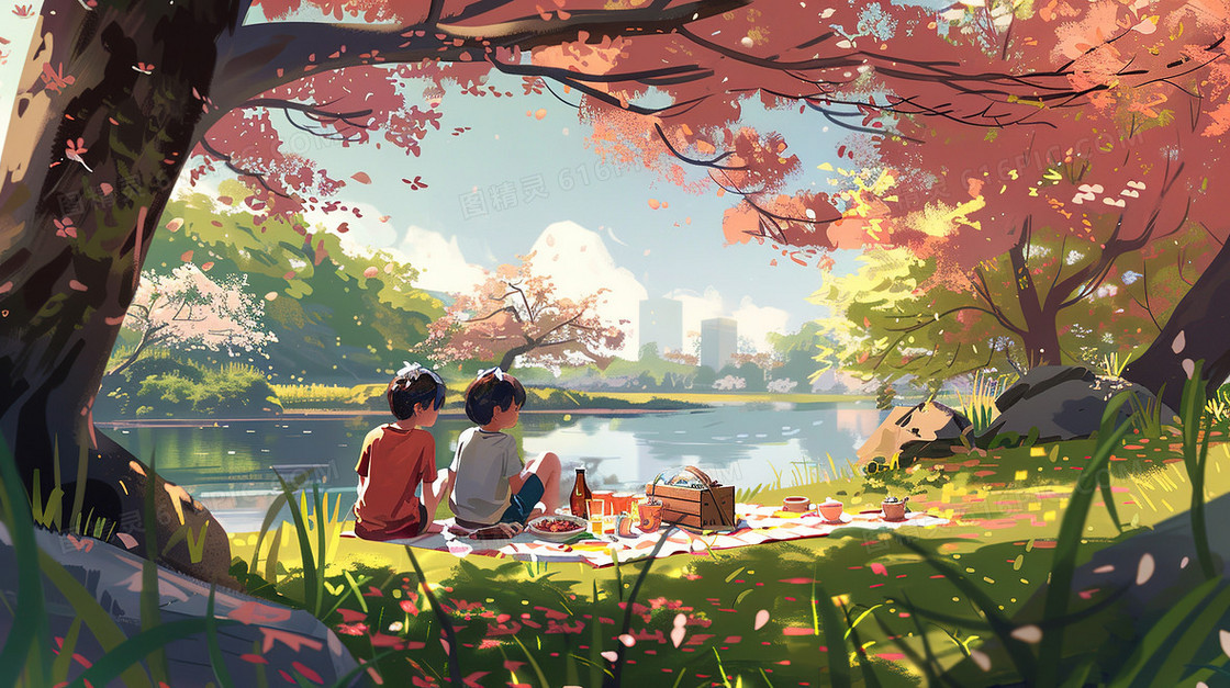 春分山林里的小孩插画