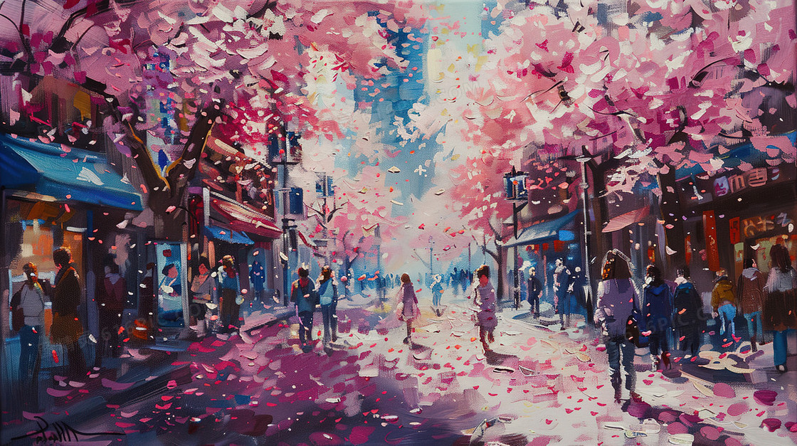 樱花盛开的城市街道油画插画