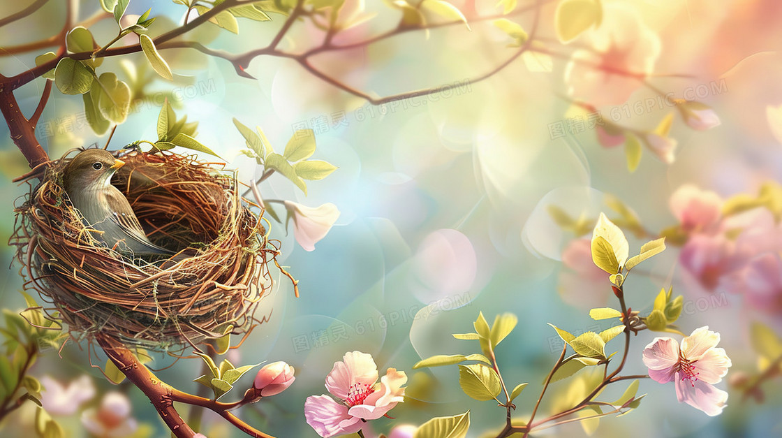 春分时节樱花树上的鸟巢插画