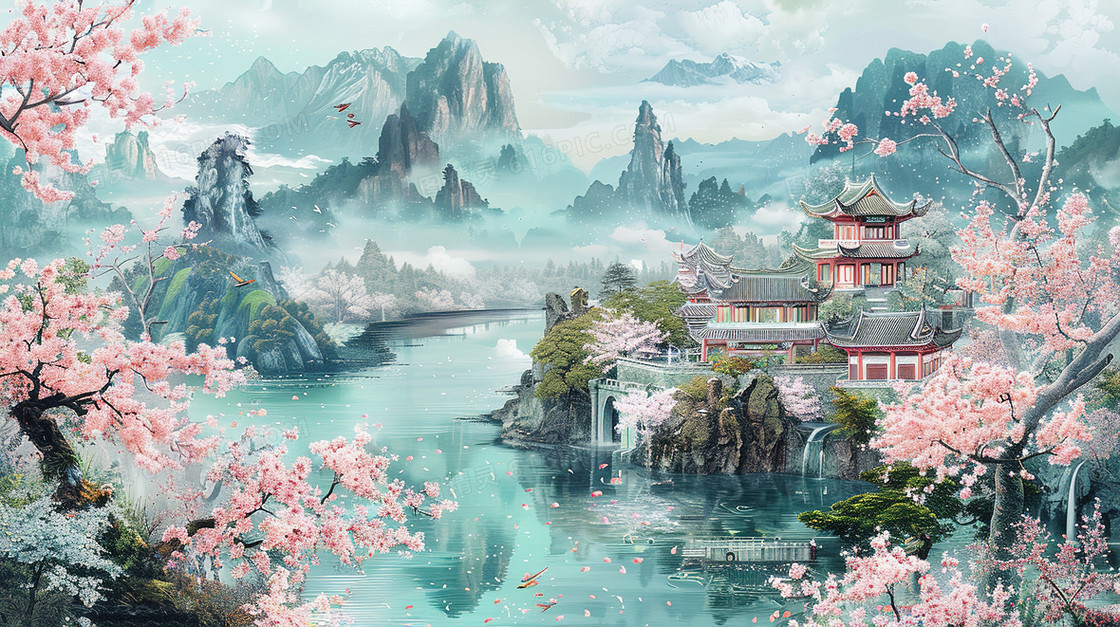 春分时节樱花盛开的山谷河流旁的亭台楼阁插画