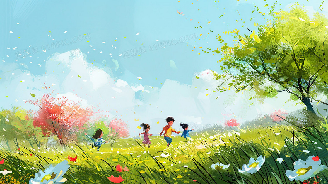 春天郁郁葱葱的山林草地上玩耍的孩子插画