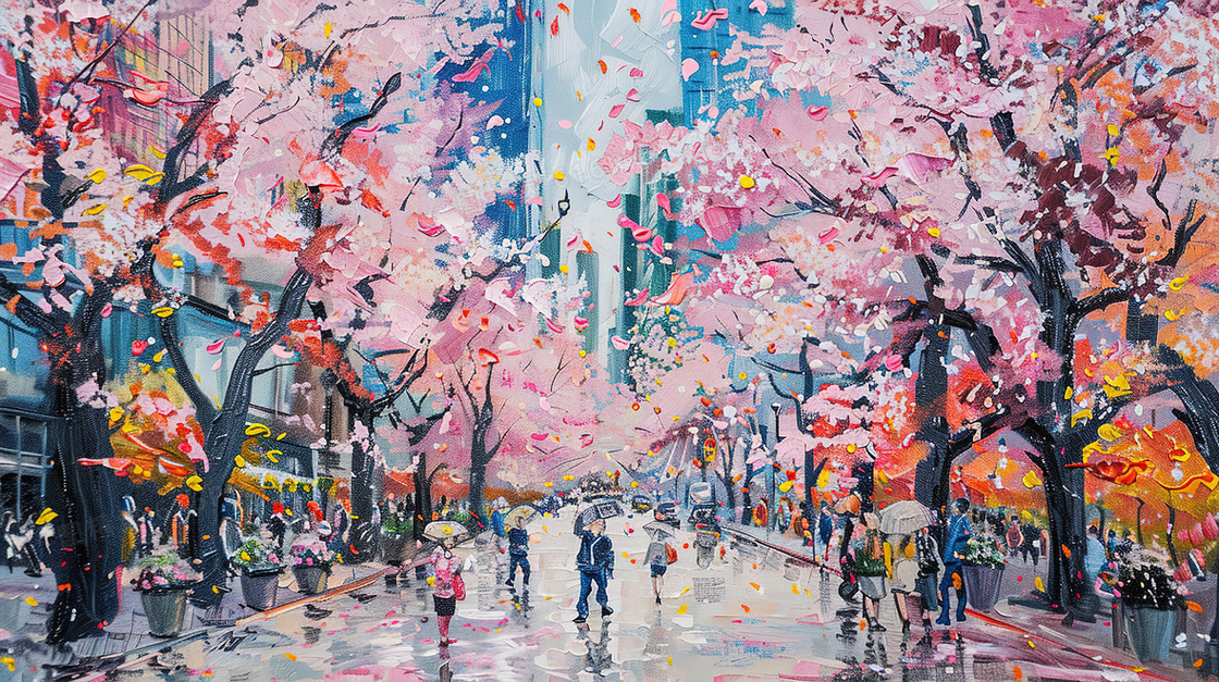 樱花盛开的城市街道油画插画