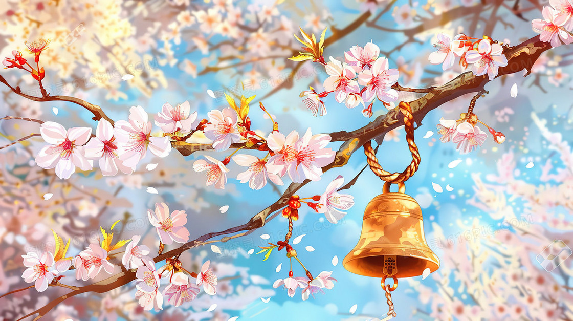 春天樱花花枝上挂着的铃铛插画