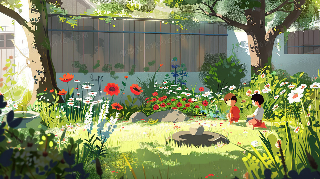 春天百花盛开的花园的小孩插画