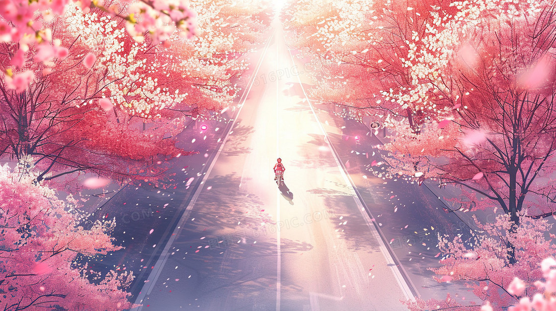 春分时节樱花树林道路上的人插画
