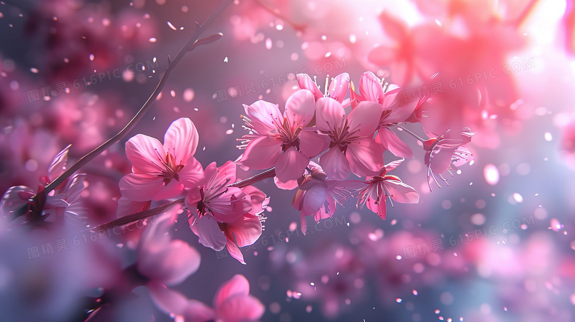 春分绽放的粉色樱花特写插画