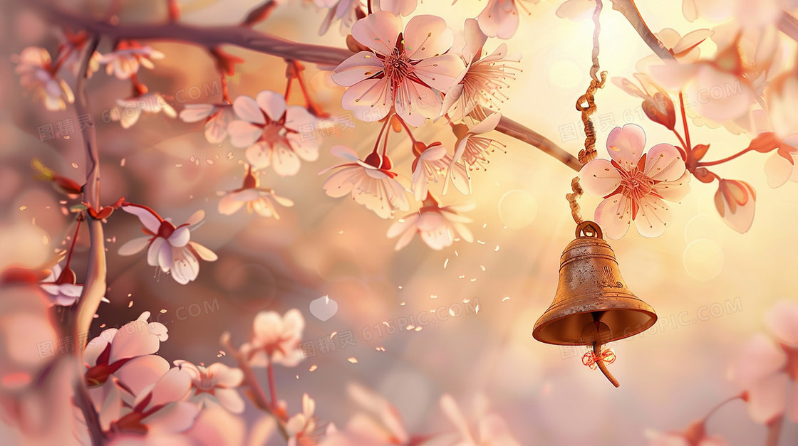 春天樱花花枝上挂着的铃铛插画