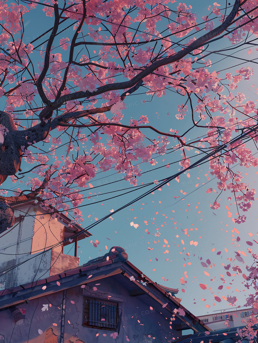 春分樱花盛开的日本街道一角插画