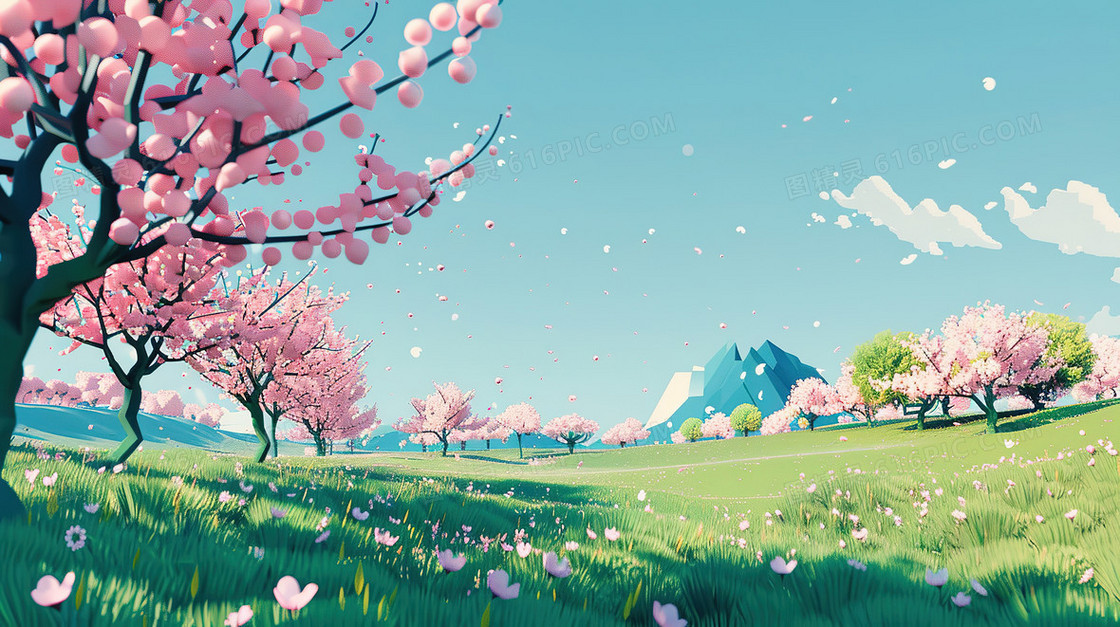 春分樱花盛开的山野插画