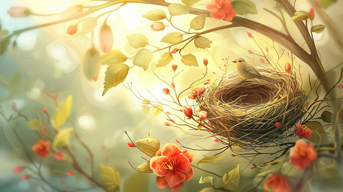 春分时节樱花树上的鸟巢插画