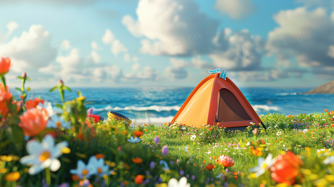 春分海边草地上的露营帐篷插画