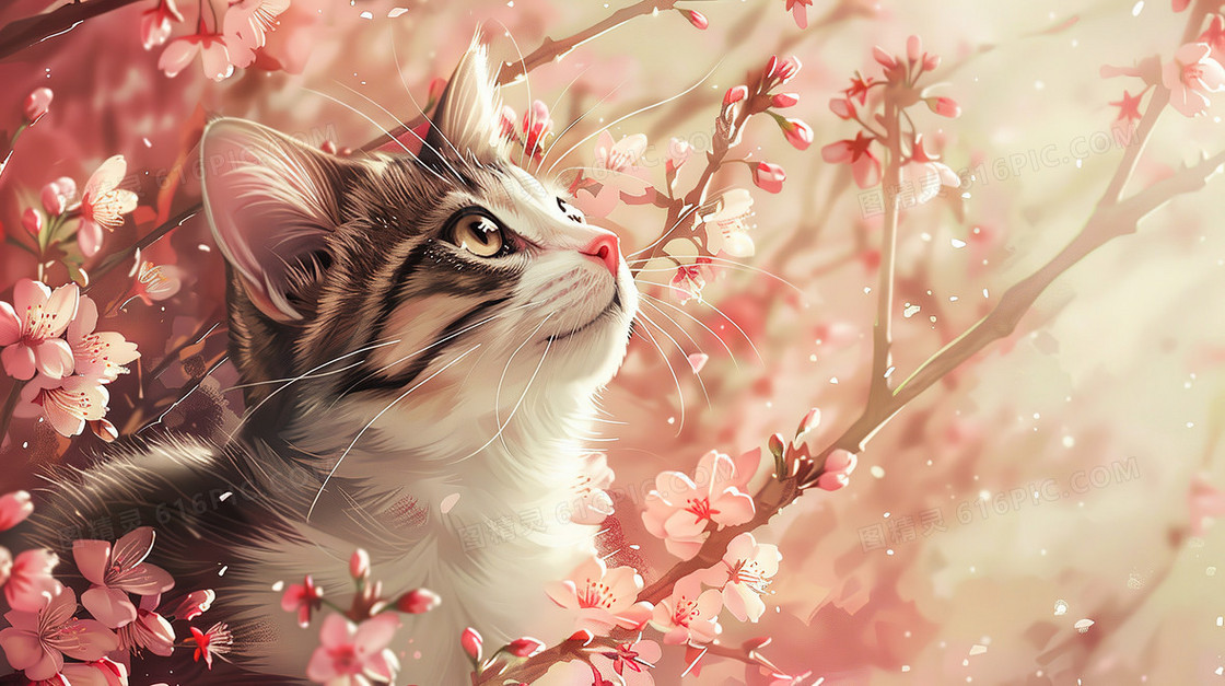 樱花树上的可爱猫咪插画