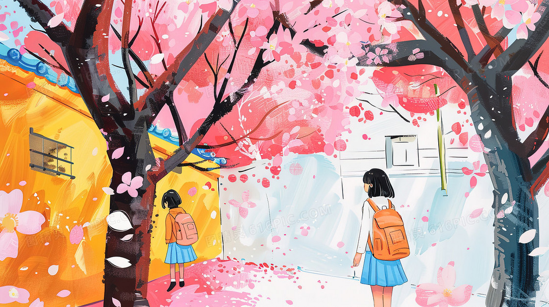 春分樱花盛开的山野乡村插画