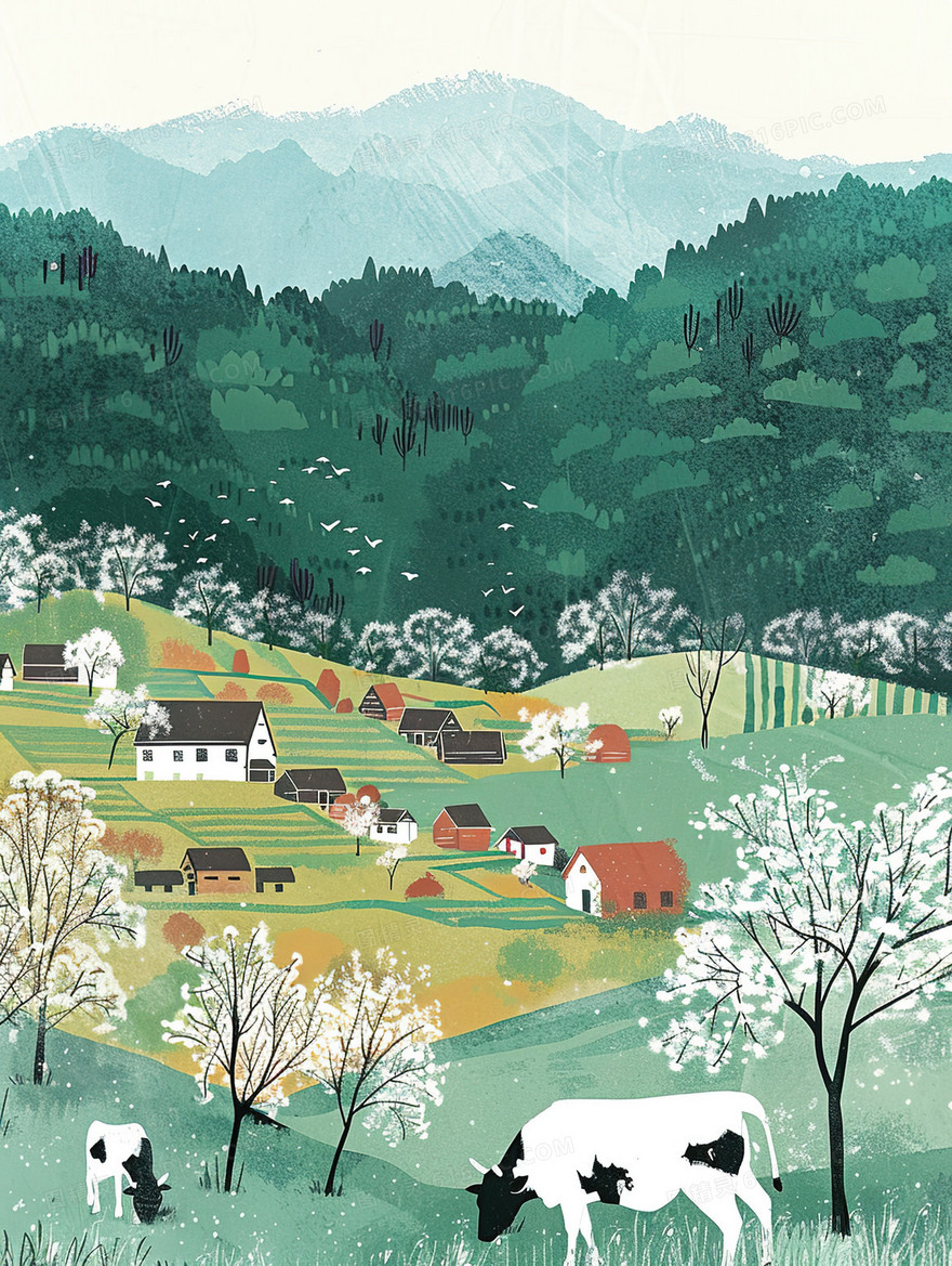 春分樱花盛开的山野乡村插画