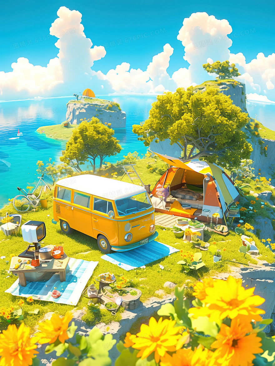 春分山野草地上的露营房车插画