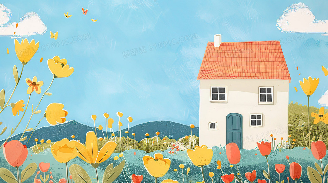 春分山野乡村里的小房子插画