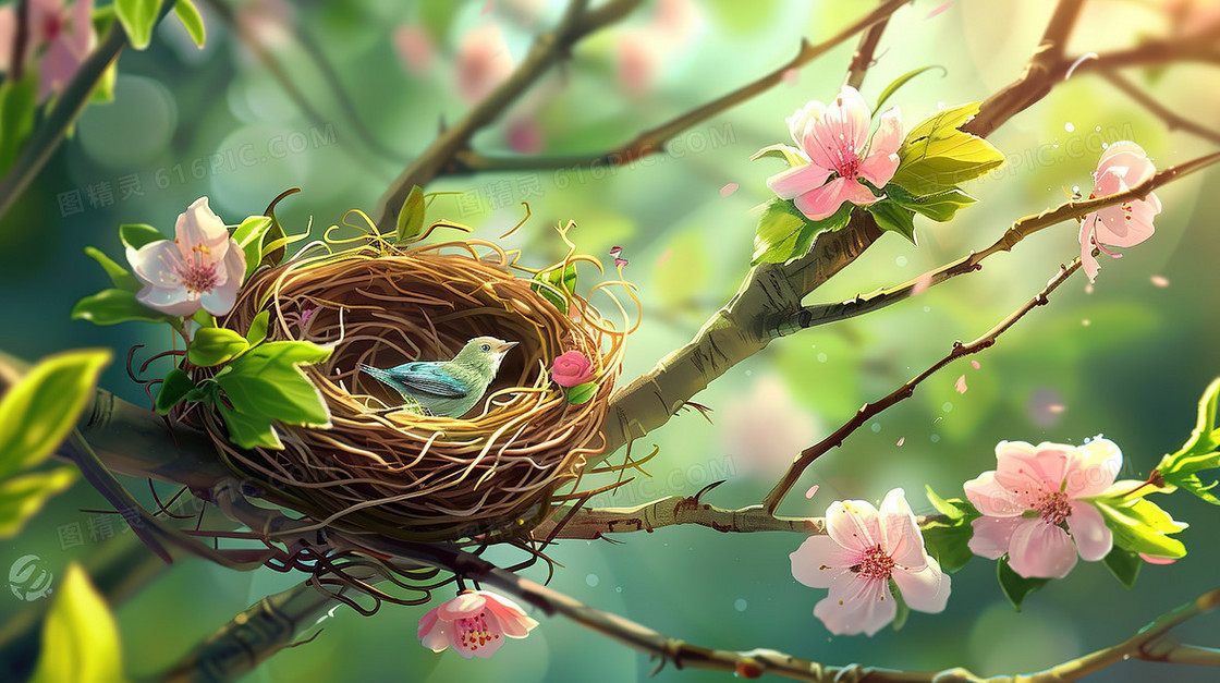 春分时节樱花树上的鸟巢插画