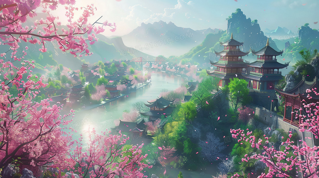 春分时节樱花盛开的山谷河流旁的亭台楼阁插画
