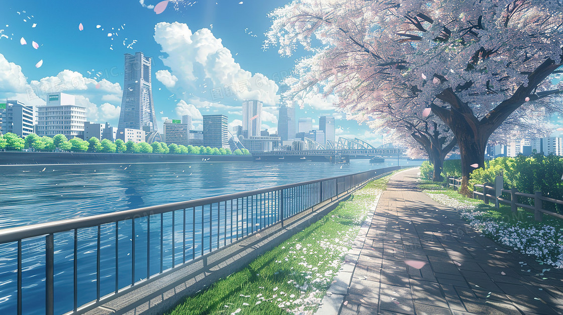 春分城市江边樱花盛开的步道插画