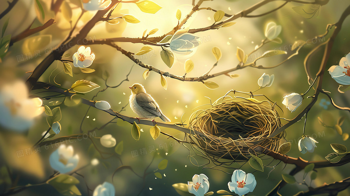 春分时节樱花树上的鸟巢插画
