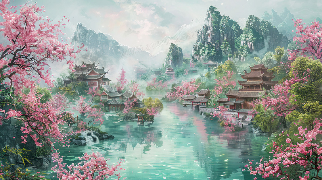 春分时节樱花盛开的山谷河流旁的亭台楼阁插画
