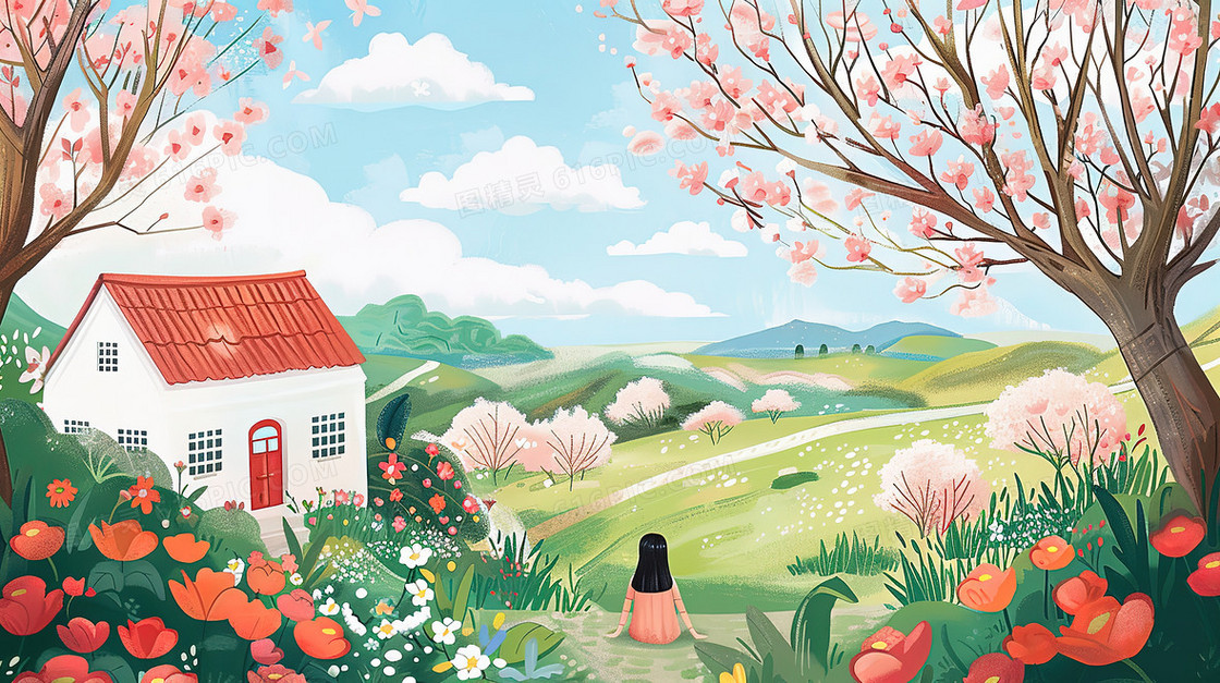 春分樱花盛开的山野乡村插画