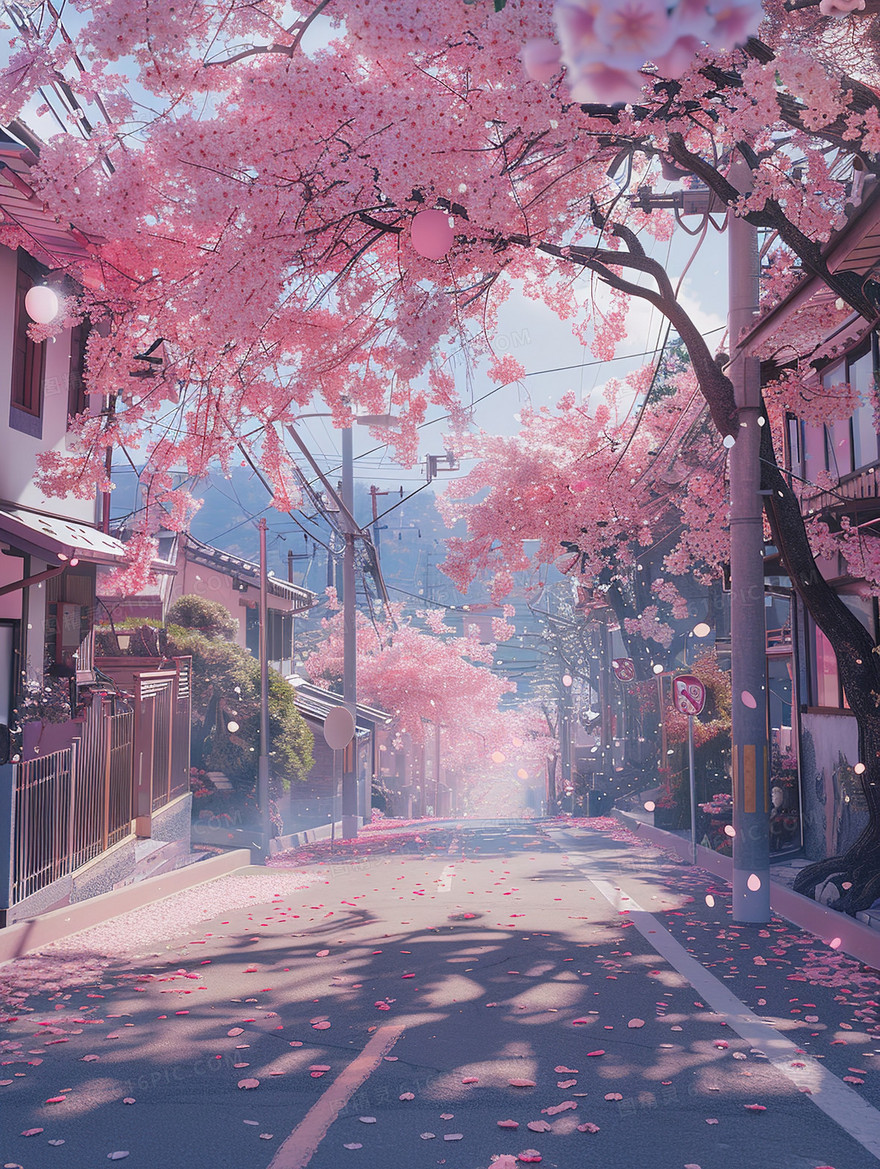 春分樱花盛开的日本京东街道插画