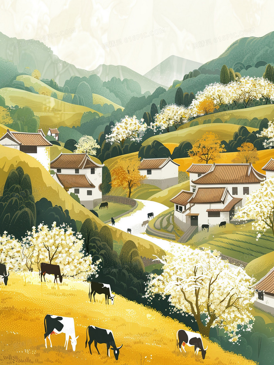 春分樱花盛开的山野乡村插画