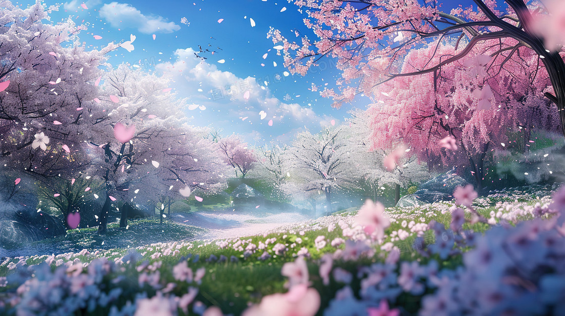 春分樱花盛开的山野小道插画