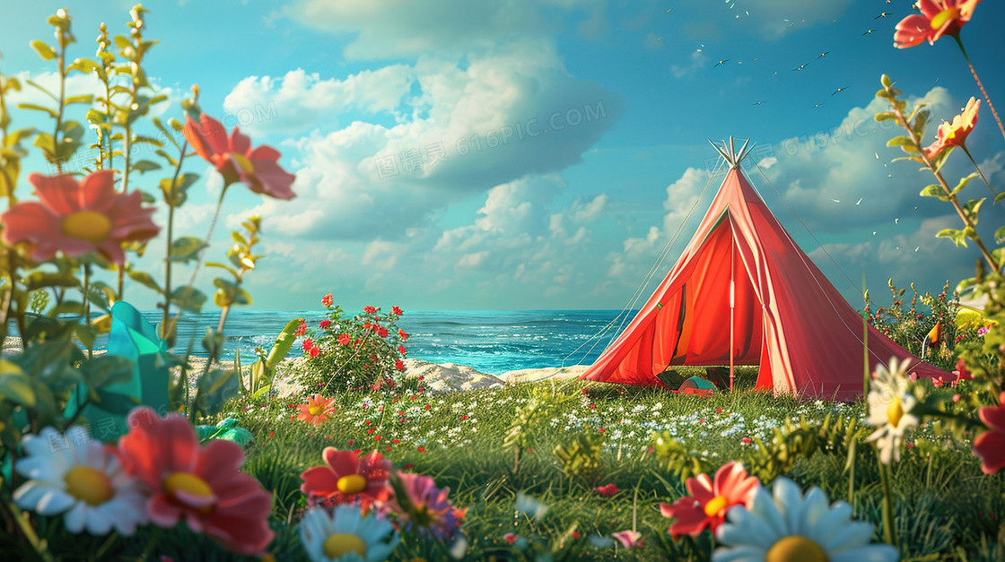 春分海边草地上的露营帐篷插画