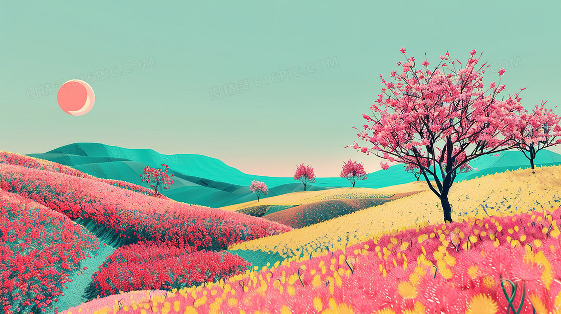 春天樱花盛开的         山野花田插画