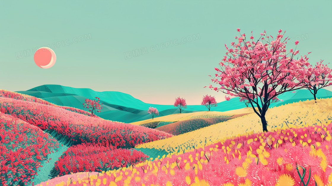 春天樱花盛开的 山野花田插画背景图片下载_2912x1632像素JPG格式_编号ve7f54y05_图精灵