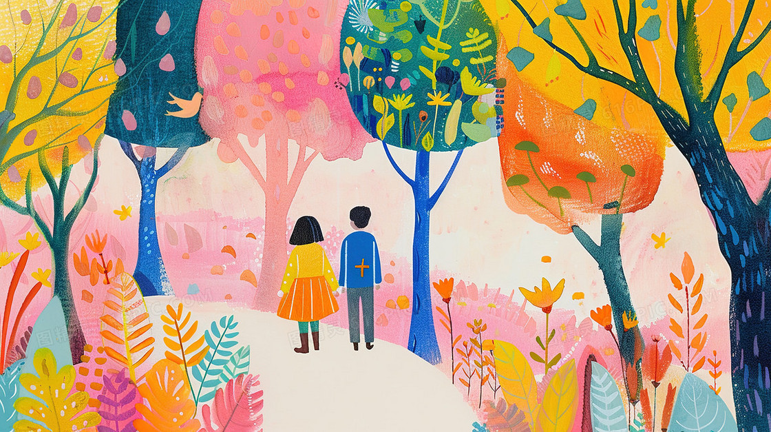 春天时节的山林里的情侣插画