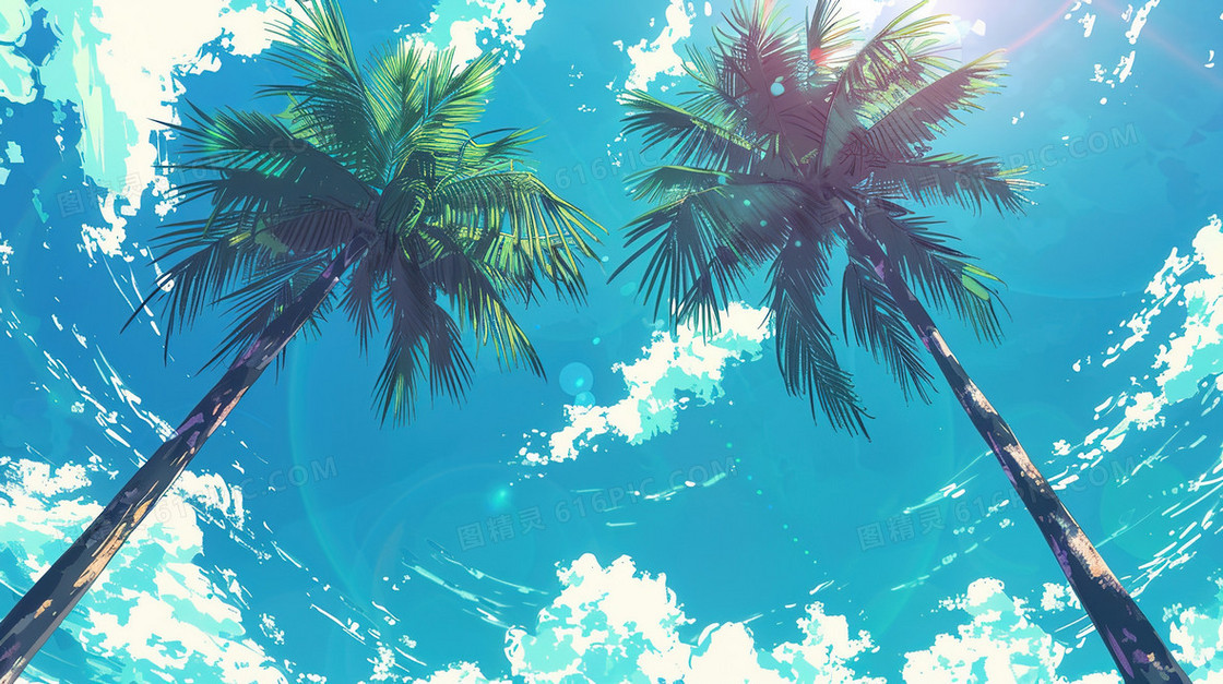 蓝天海边度假椰子树插画