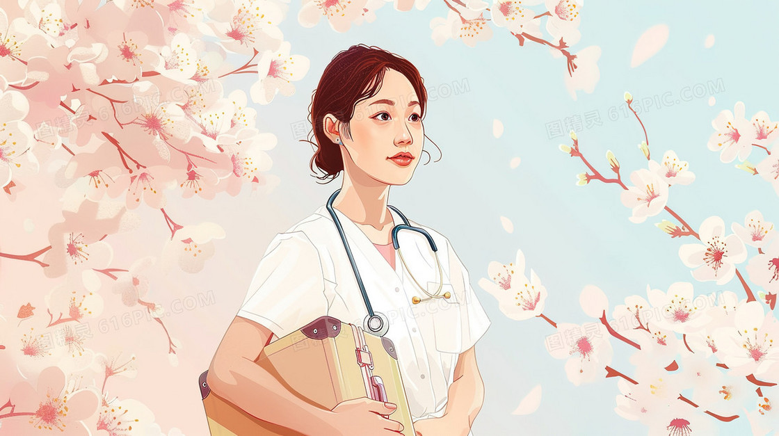 站在花丛中的女护士插画