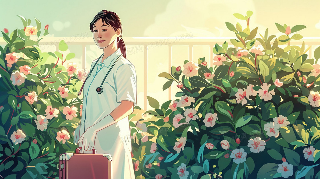 站在花丛中的女医生插画