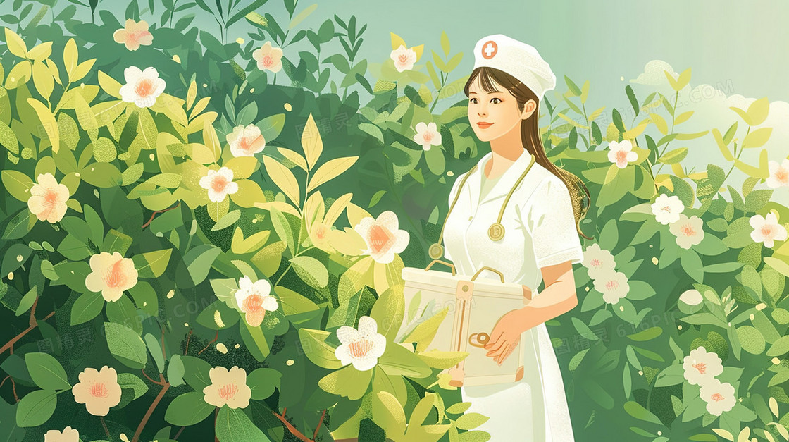 站在花丛中的女护士插画