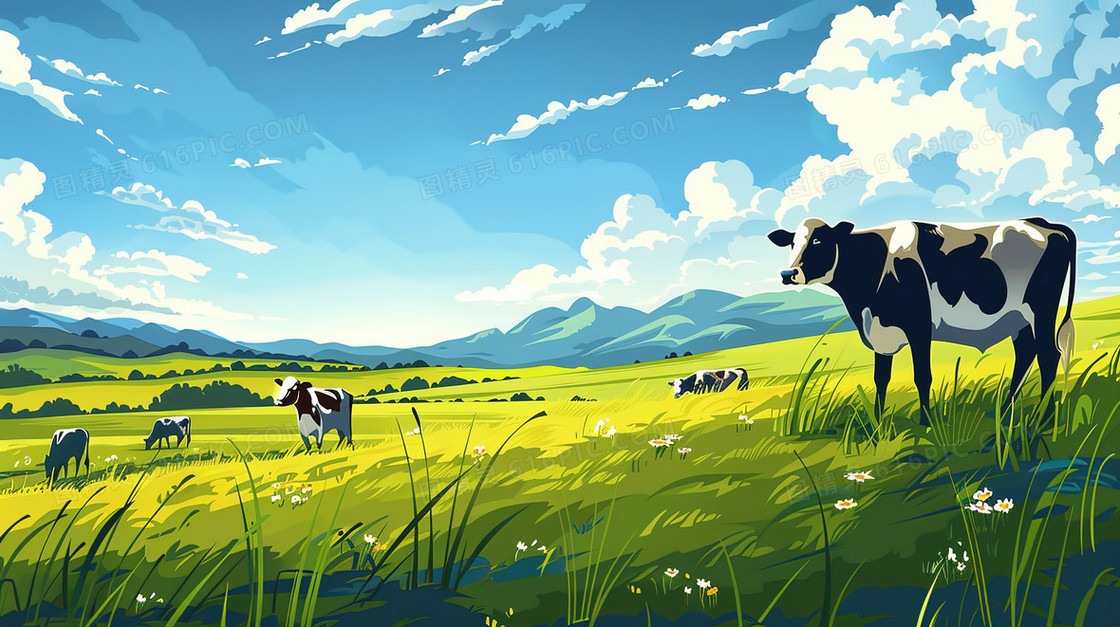 草地上吃草的奶牛插画