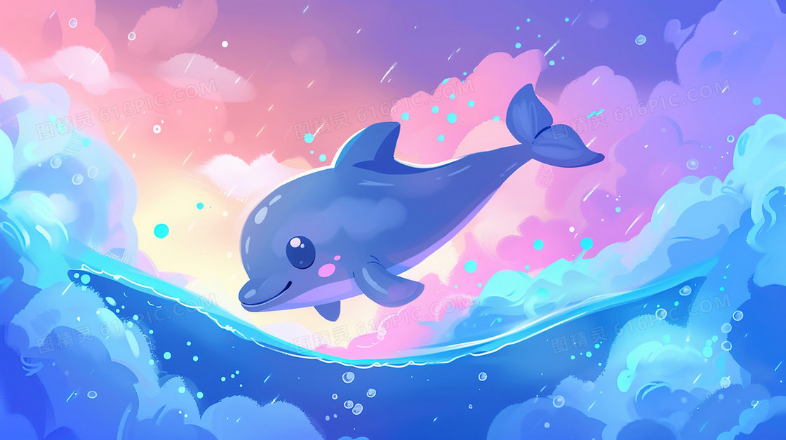 海面跳跃的可爱海豚插画