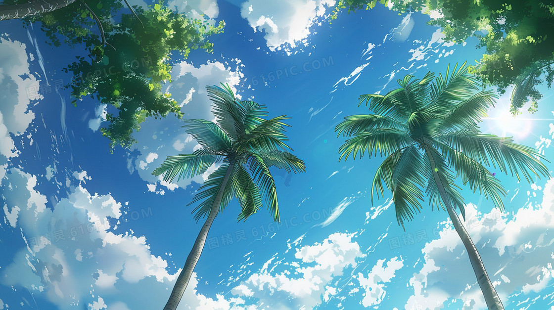 蓝天海边度假椰子树插画