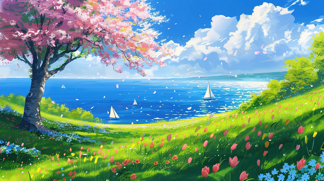 唯美蓝天海边花海风景插画
