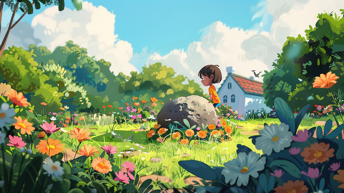 春天百花盛开的花园的小孩插画