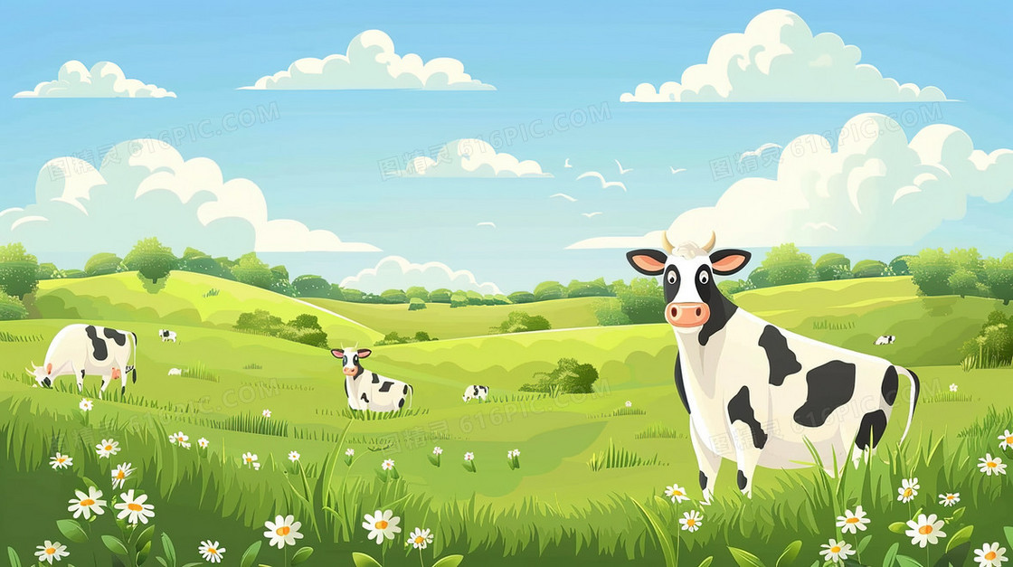 草地上吃草的奶牛插画
