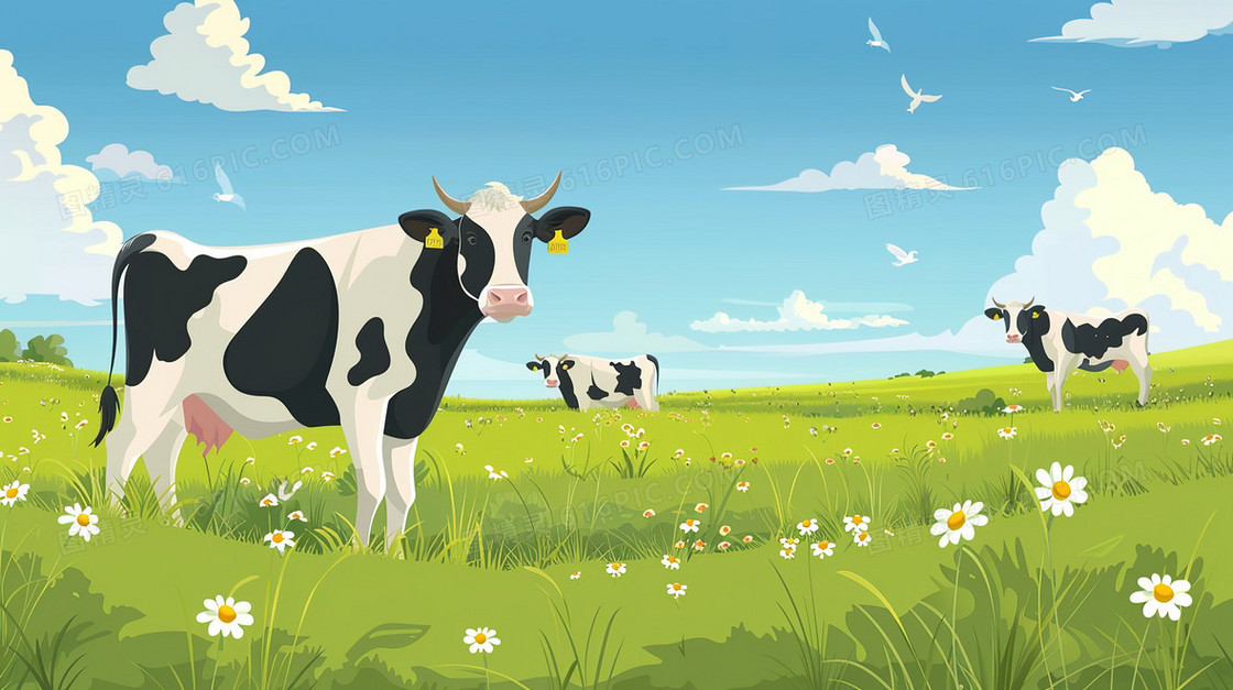 草地上吃草的奶牛插画