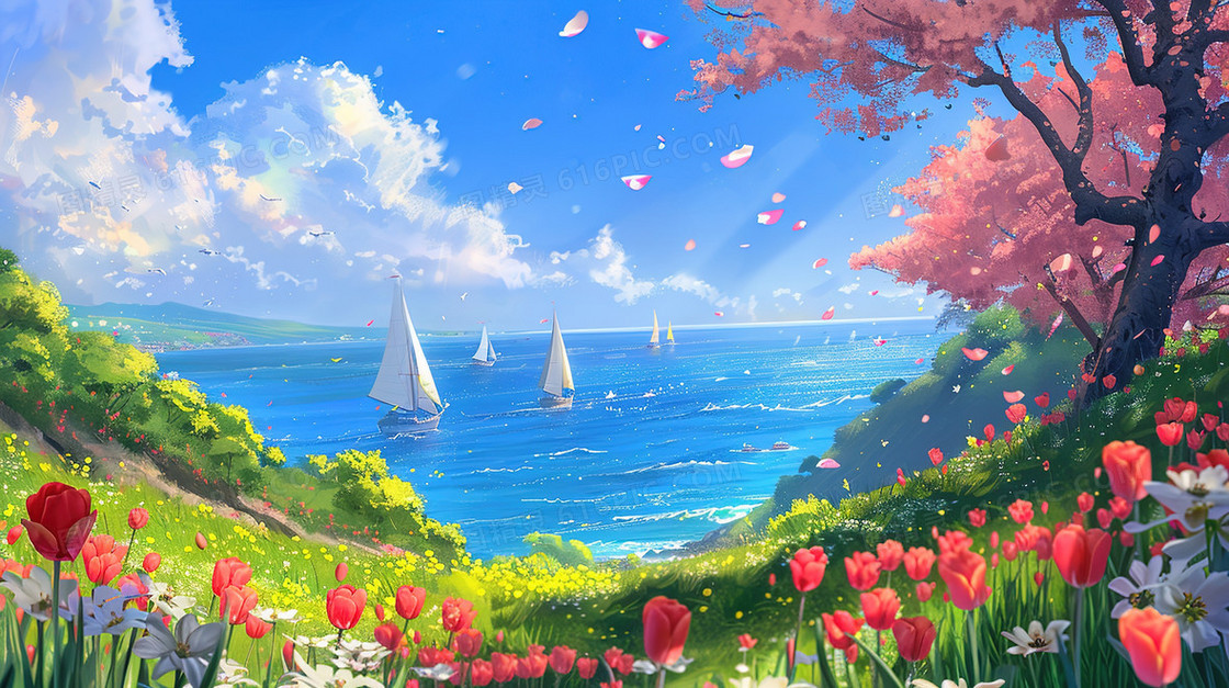 唯美蓝天海边花海风景插画