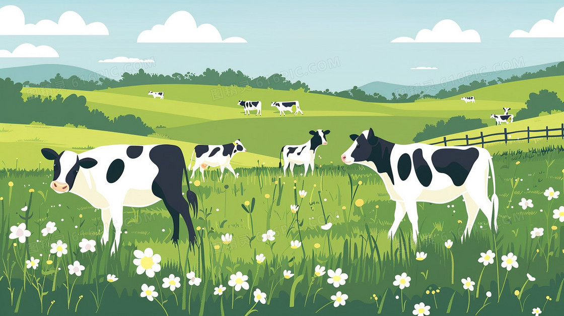 草地上吃草的奶牛插画