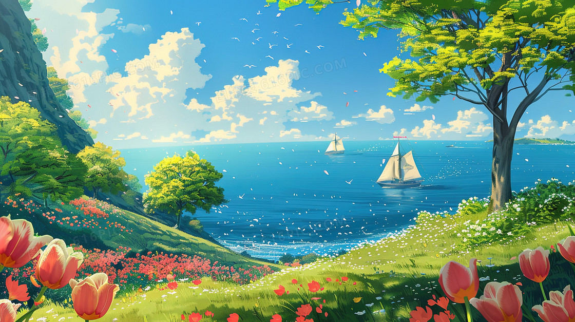 唯美蓝天海边花海风景插画