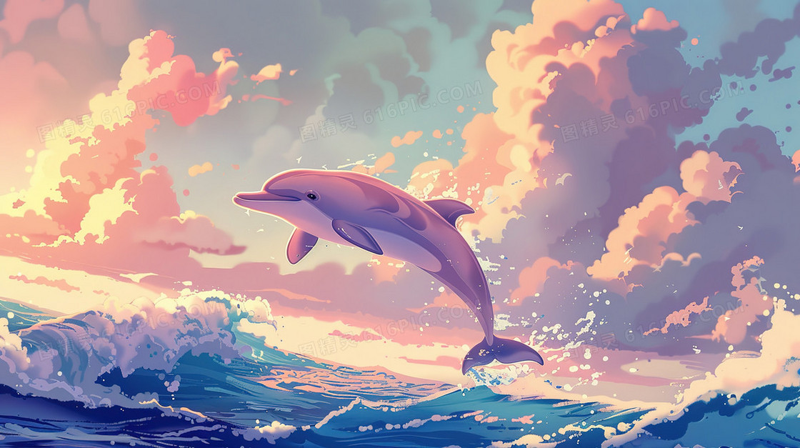 海面跳跃的可爱海豚插画