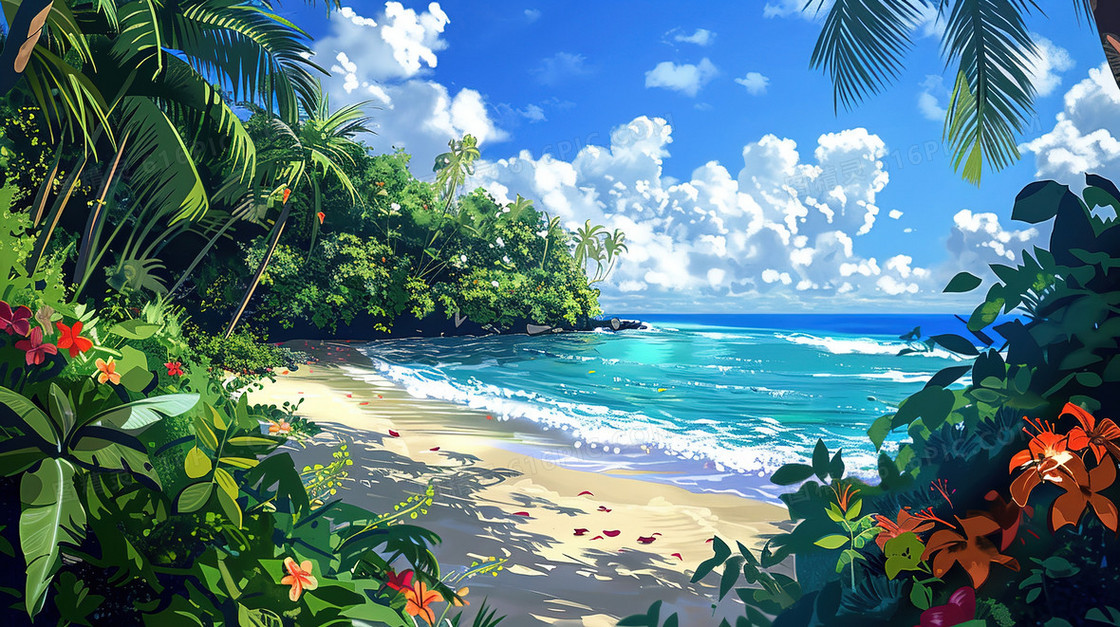 唯美夏天海边风景插画